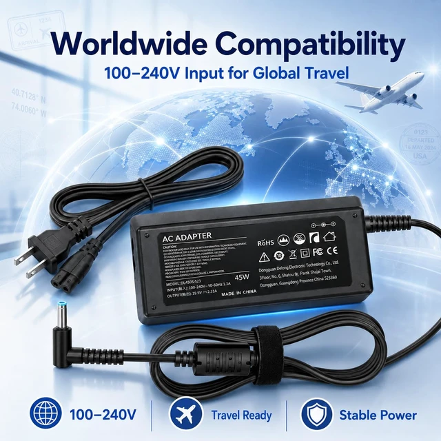 Alt view image 7 of 7 - 45W Laptop Charger for HP 14 Series Models, 14-dk, 14-dq, 14-dy and 14-df 19.5V 2.31A Output, 100-240V Input, 4.5 x 3.0mm Blue-Tip Connector, Plus an 8.6ft Cable for Flexible Use at Home or Work
