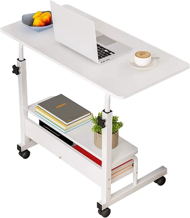 Main image of Adjustable Height Rolling Laptop Desk White Storage Drawer Side Table 28-40in Height Adjustable,Rolling Wheels,Storage Drawer & Shelf,Waterproof Tabletop,Multi-Purpose Bedside Office Desk