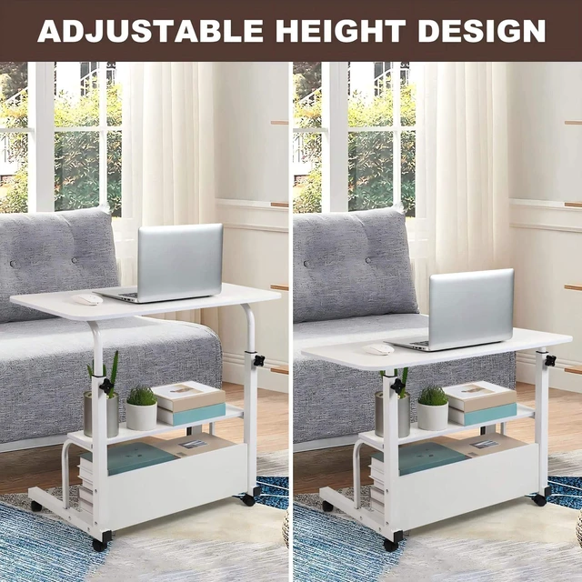 Alt view image 3 of 7 - Adjustable Height Rolling Laptop Desk White Storage Drawer Side Table 28-40in Height Adjustable,Rolling Wheels,Storage Drawer & Shelf,Waterproof Tabletop,Multi-Purpose Bedside Office Desk
