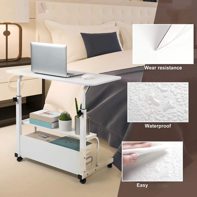 Alt view image 5 of 7 - Adjustable Height Rolling Laptop Desk White Storage Drawer Side Table 28-40in Height Adjustable,Rolling Wheels,Storage Drawer & Shelf,Waterproof Tabletop,Multi-Purpose Bedside Office Desk