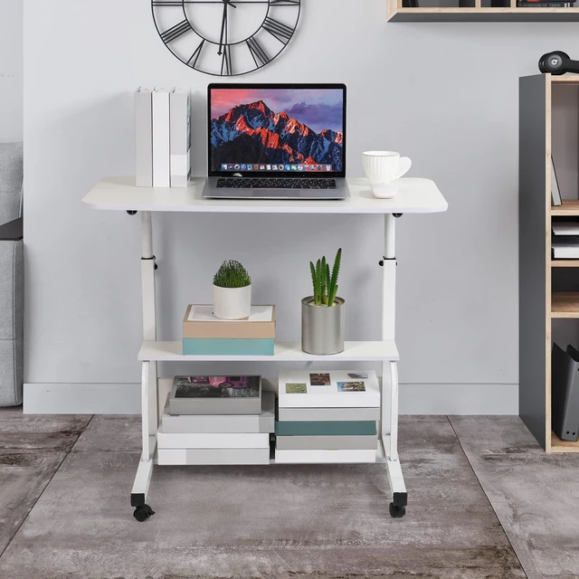 Alt view image 2 of 7 - Adjustable Height Rolling Laptop Desk White Storage Drawer Side Table 28-40in Height Adjustable,Rolling Wheels,Storage Drawer & Shelf,Waterproof Tabletop,Multi-Purpose Bedside Office Desk