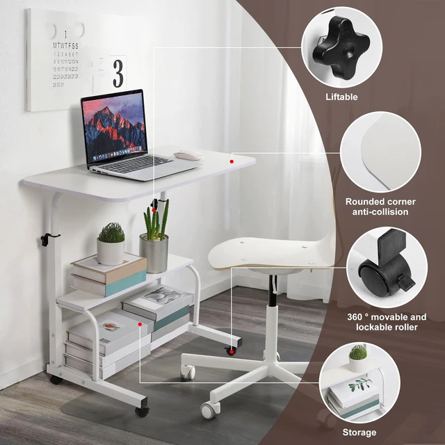 Alt view image 4 of 7 - Adjustable Height Rolling Laptop Desk White Storage Drawer Side Table 28-40in Height Adjustable,Rolling Wheels,Storage Drawer & Shelf,Waterproof Tabletop,Multi-Purpose Bedside Office Desk
