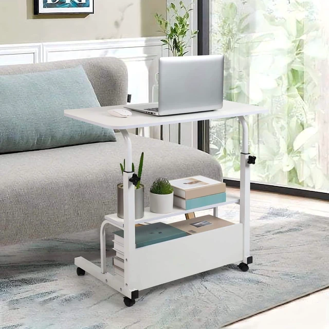 Alt view image 7 of 7 - Adjustable Height Rolling Laptop Desk White Storage Drawer Side Table 28-40in Height Adjustable,Rolling Wheels,Storage Drawer & Shelf,Waterproof Tabletop,Multi-Purpose Bedside Office Desk