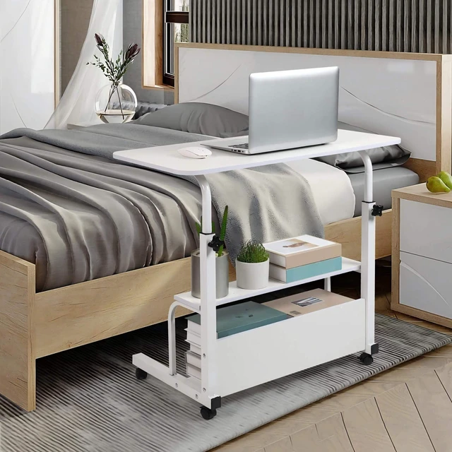 Alt view image 6 of 7 - Adjustable Height Rolling Laptop Desk White Storage Drawer Side Table 28-40in Height Adjustable,Rolling Wheels,Storage Drawer & Shelf,Waterproof Tabletop,Multi-Purpose Bedside Office Desk
