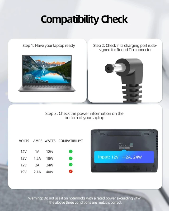 Alt view image 6 of 7 - 12V 2A 24W Charger Fit for Chuwi Laptop Charger, Herobook pro, 13" 14" GemiBook Pro, 13.3" Lakebook CW1509, UBook X CWI535 Laptop Tablet
