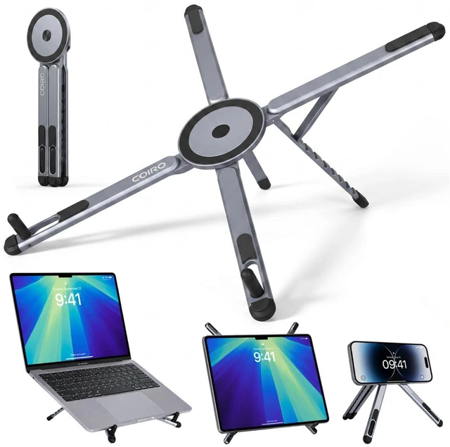 Main image of 3-in-1 Magnetic Foldable Laptop Stand and Phone Stand for Desk Aluminum Alloy Adjustable Holder 1016 Laptops & 413 Phones/Tablets, Magnetic Compatible with iPhone Android, Silver
