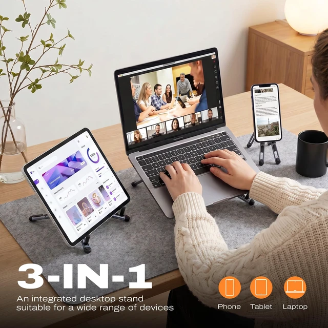 Alt view image 2 of 7 - 3-in-1 Magnetic Foldable Laptop Stand and Phone Stand for Desk Aluminum Alloy Adjustable Holder 1016 Laptops & 413 Phones/Tablets, Magnetic Compatible with iPhone Android, Silver
