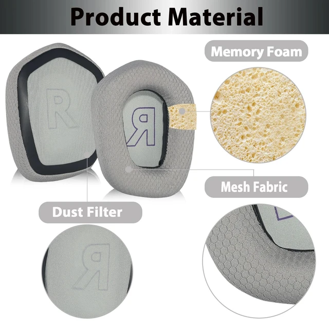 Alt view image 3 of 7 - Replacement Ear Pads for Logitech G733 G535 G335 Headsets, Gray with Stretchable Headband Replacement, Soft Mesh Fabric Ear Pads with Memory Foam, Enhance Comfort for Long Gaming Sessions