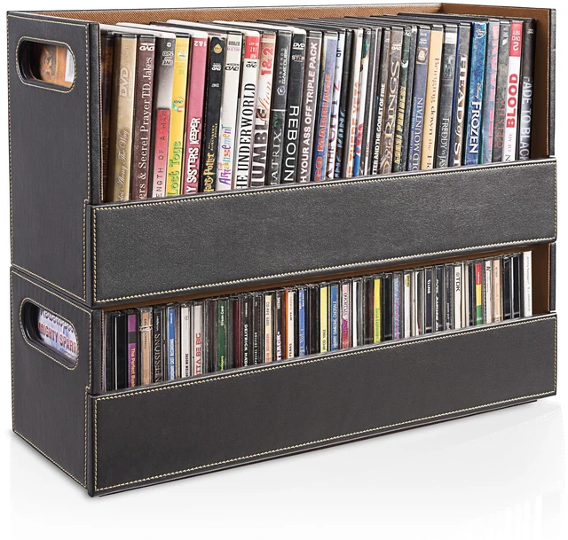 Main image of Faux Leather DVD & CD Storage Box - Movie Shelf Organizer for Blu-Ray, Video Game Cases, VHS Tape Display Stand, Disc Holder Can Store Up to 28 DVDs & 40 CDs