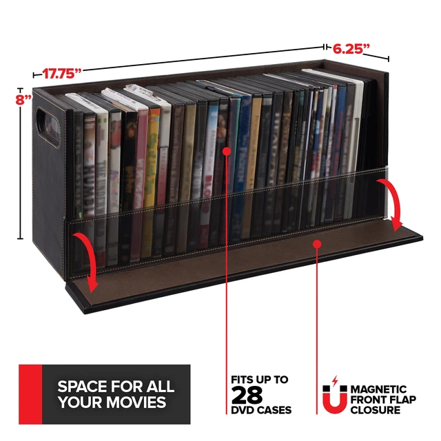 Alt view image 3 of 7 - Faux Leather DVD & CD Storage Box - Movie Shelf Organizer for Blu-Ray, Video Game Cases, VHS Tape Display Stand, Disc Holder Can Store Up to 28 DVDs & 40 CDs