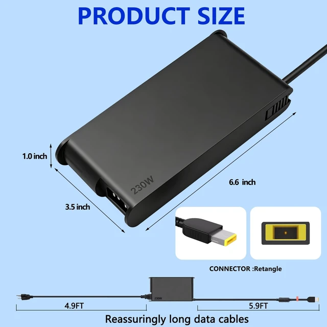 Alt view image 2 of 7 - Slim 230W for Lenovo Laptop Charger 20V 11.5A Compatible with Lenovo Legion 5 7 5P C7 S7 Y520 Y730 Y740 Thinkpad P1 P73 P72 P71 P70 IdeaPad 700 Y900