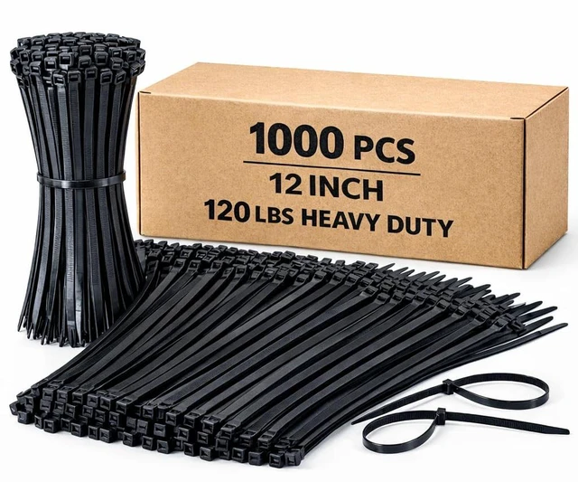Main image of Black Heavy Duty Zip Ties 12 Inch, 120 LB Tensile Strength, Bulk 1000 Pack, 0.30 Inch (7.6 mm) Wide Nylon 66 Cable Ties, UV Resistant Self-Locking Wire Ties for Outdoor Use