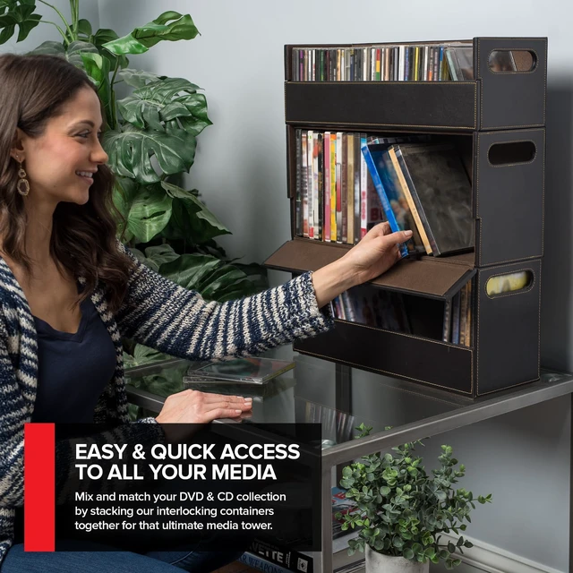 Alt view image 6 of 7 - Faux Leather DVD & CD Storage Box - Movie Shelf Organizer for Blu-Ray, Video Game Cases, VHS Tape Display Stand, Disc Holder Can Store Up to 28 DVDs & 40 CDs