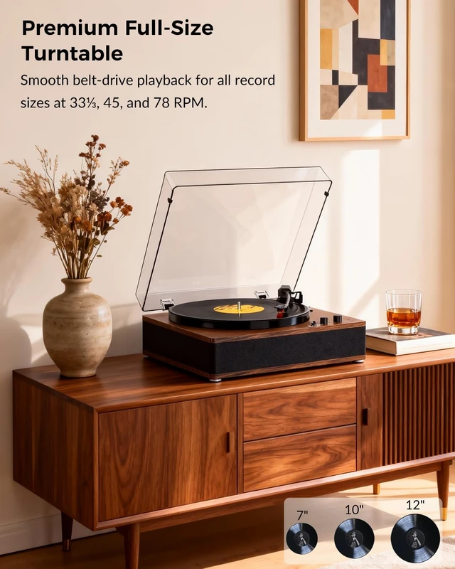 Alt view image 2 of 7 - Vinyl Record Player with Bluetooth Input Output, Built-in Stereo Speakers, 3-Speed Turntable LP Player, Full-Size Vintage Vinyl Player, Counterweight, AUX/RCA/Headphone Jack, Walnut