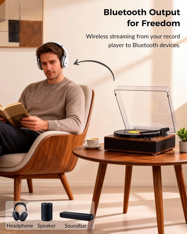 Alt view image 3 of 7 - Vinyl Record Player with Bluetooth Input Output, Built-in Stereo Speakers, 3-Speed Turntable LP Player, Full-Size Vintage Vinyl Player, Counterweight, AUX/RCA/Headphone Jack, Walnut