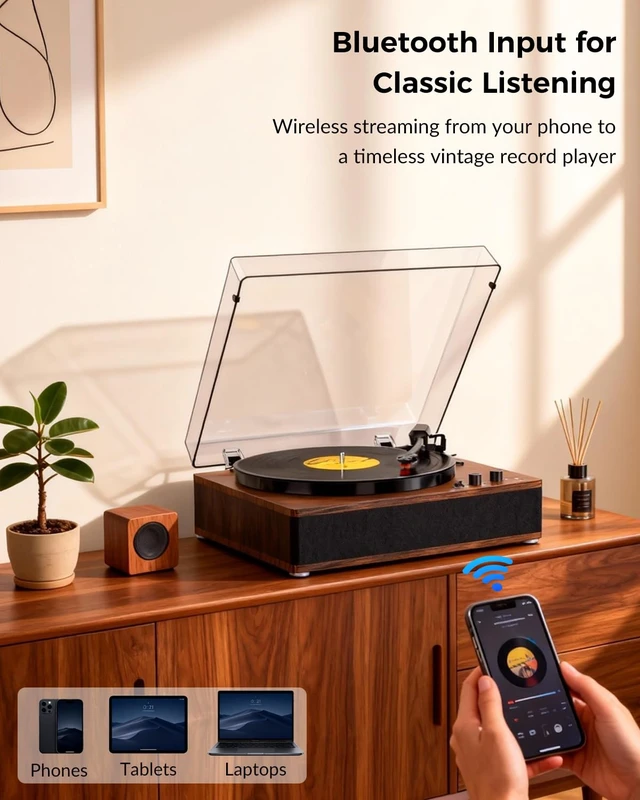 Alt view image 4 of 7 - Vinyl Record Player with Bluetooth Input Output, Built-in Stereo Speakers, 3-Speed Turntable LP Player, Full-Size Vintage Vinyl Player, Counterweight, AUX/RCA/Headphone Jack, Walnut