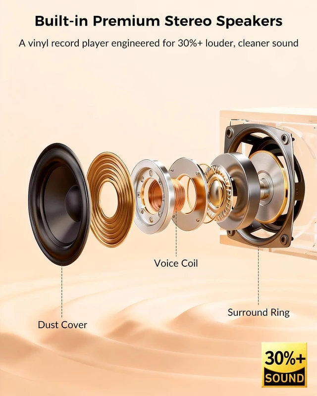 Alt view image 5 of 7 - Vinyl Record Player with Bluetooth Input Output, Built-in Stereo Speakers, 3-Speed Turntable LP Player, Full-Size Vintage Vinyl Player, Counterweight, AUX/RCA/Headphone Jack, Walnut