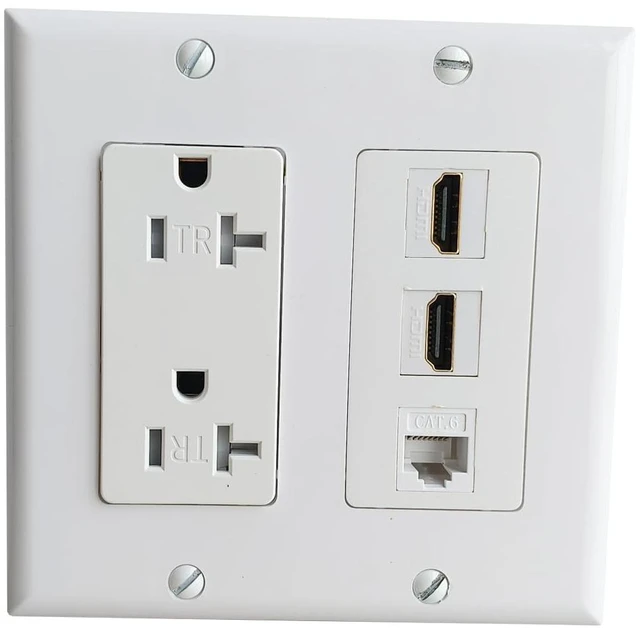 Main image of Double Gang Power Outlet with 2 Port HDMI 1 CAT6 Ethernet Wall Plate, 2 Gang Receptacle Outlet with 2 4k/8K HDMI Jack + 1 CAT 6 Keystone Jack Cover Plate - White