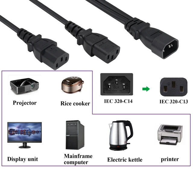 Alt view image 2 of 7 - (2 pack) IEC320 C14 to 2 x C13 Y Splitter AC Power Plug Extension Cable,10A 125A Dual C13 to C14 PDU Style Computer AC Power Cord for Computer LED HDTV Monitor&Scanner (0.3m/1ft)(C14 to 2xC13)