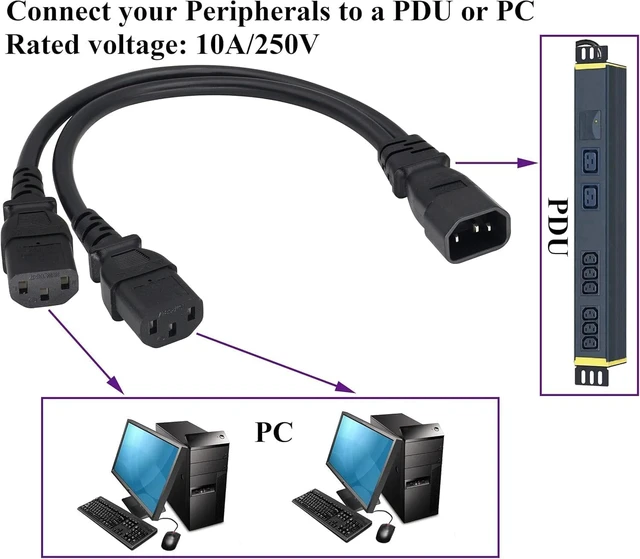 Alt view image 6 of 7 - (2 pack) IEC320 C14 to 2 x C13 Y Splitter AC Power Plug Extension Cable,10A 125A Dual C13 to C14 PDU Style Computer AC Power Cord for Computer LED HDTV Monitor&Scanner (0.3m/1ft)(C14 to 2xC13)