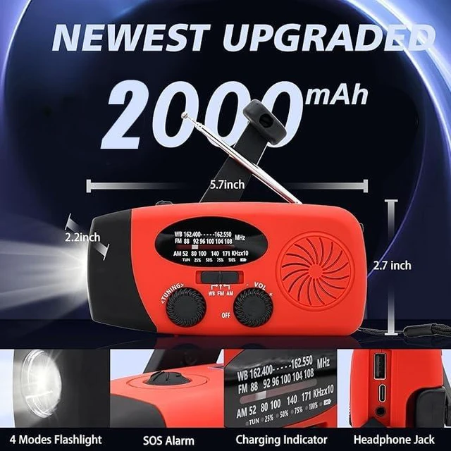 Alt view image 3 of 6 - 2000mAh Emergency Solar Hand Crank Portable Survival Radio AM FM NOAA Weather Radio, Earphone Jack SOS Alarm, 4 Modes LED Flashlight, Type-C Charger, For Camping Hiking
