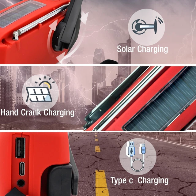 Alt view image 2 of 6 - 2000mAh Emergency Solar Hand Crank Portable Survival Radio AM FM NOAA Weather Radio, Earphone Jack SOS Alarm, 4 Modes LED Flashlight, Type-C Charger, For Camping Hiking