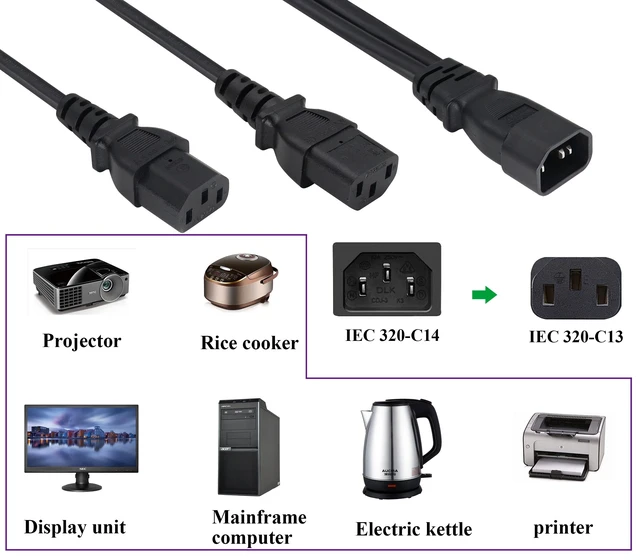 Alt view image 7 of 7 - (2 pack) IEC320 C14 to 2 x C13 Y Splitter AC Power Plug Extension Cable,10A 125A Dual C13 to C14 PDU Style Computer AC Power Cord for Computer LED HDTV Monitor&Scanner (0.3m/1ft)(C14 to 2xC13)