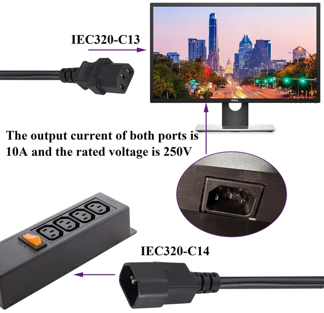 Alt view image 6 of 7 - (2 Pack) IEC320 C14 to C13 Power AC Adapter Cable C13 to C14 with Switch Cord C13 Female to C14 Male PDU Power Supply Extension Cord for Computer LED HDTV Monitor(0.3m/1ft)(C14 to C13/Switch)