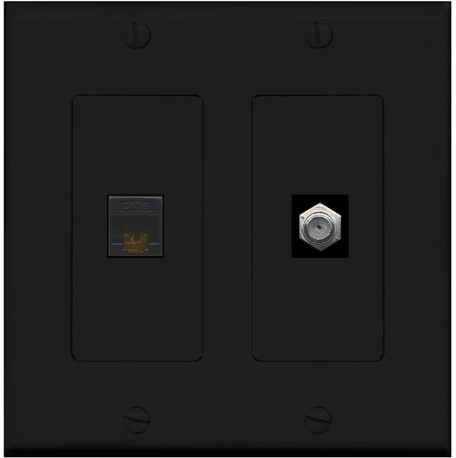 Main image of 1 Port Coax Cable TV- F-Type 1 Port Cat6 Ethernet Dual Gang Wall Plate - Black