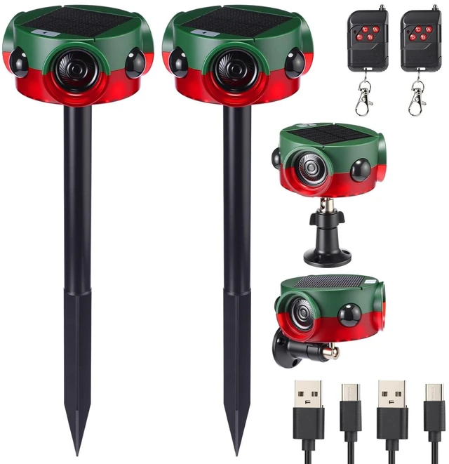 Main image of 2 Pack Solar Outdoor Motion Sensor Alarm with Stake Animal Deterrent Dog Barking Sensor, 13 Sounds, 120 dB Loud Noise, 3 Modes with USB Remote Control Support Recording Volume Adjustment
