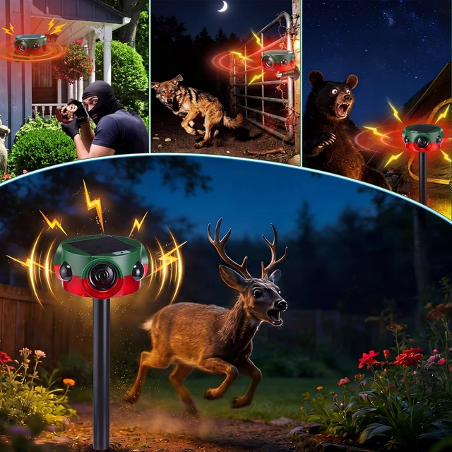 Alt view image 3 of 7 - 2 Pack Solar Outdoor Motion Sensor Alarm with Stake Animal Deterrent Dog Barking Sensor, 13 Sounds, 120 dB Loud Noise, 3 Modes with USB Remote Control Support Recording Volume Adjustment