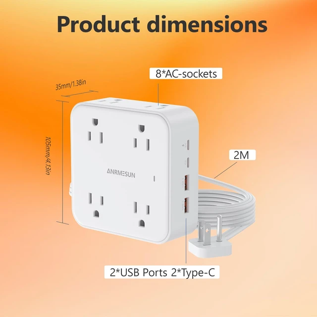 Alt view image 3 of 7 - Power Strip, Flat Wall Plug Extension Cord for Home Office 8 AC Outlets 4 USB (2 USB C), 5 Ft Outlet Extender, Flat Plug(Wired)
