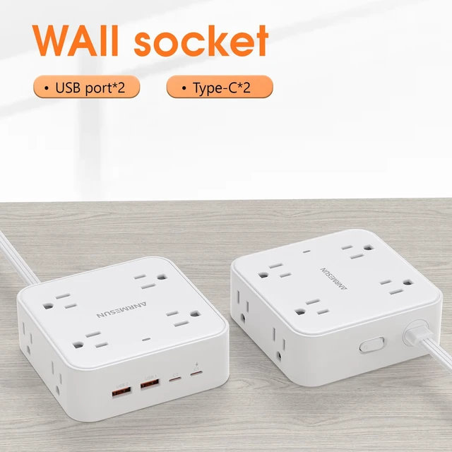 Alt view image 2 of 7 - Power Strip, Flat Wall Plug Extension Cord for Home Office 8 AC Outlets 4 USB (2 USB C), 5 Ft Outlet Extender, Flat Plug(Wired)