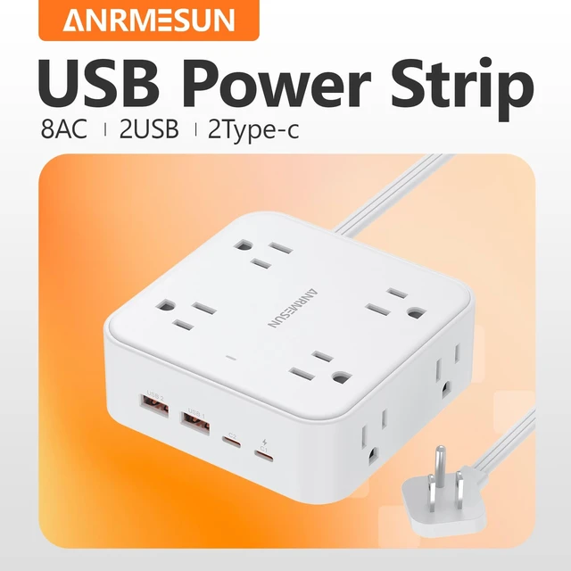 Alt view image 4 of 7 - Power Strip, Flat Wall Plug Extension Cord for Home Office 8 AC Outlets 4 USB (2 USB C), 5 Ft Outlet Extender, Flat Plug(Wired)