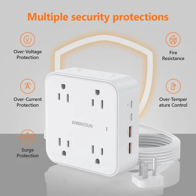 Alt view image 5 of 7 - Power Strip, Flat Wall Plug Extension Cord for Home Office 8 AC Outlets 4 USB (2 USB C), 5 Ft Outlet Extender, Flat Plug(Wired)