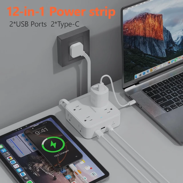 Alt view image 6 of 7 - Power Strip, Flat Wall Plug Extension Cord for Home Office 8 AC Outlets 4 USB (2 USB C), 5 Ft Outlet Extender, Flat Plug(Wired)
