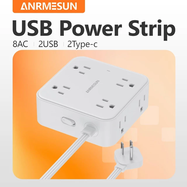 Alt view image 7 of 7 - Power Strip, Flat Wall Plug Extension Cord for Home Office 8 AC Outlets 4 USB (2 USB C), 5 Ft Outlet Extender, Flat Plug(Wired)