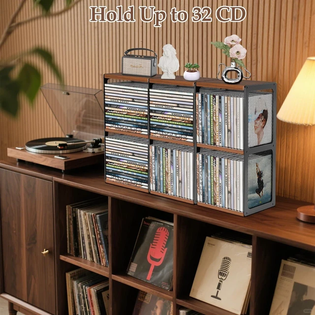 Alt view image 2 of 7 - 2-Tier CD Storage Holder,Stackable CD Rack Organizer,Hold 32 Cases Wood CD Display Shelf Tower,Retro CD Cube for Cassette,Tape,CDs in Home Office,Music Lovers