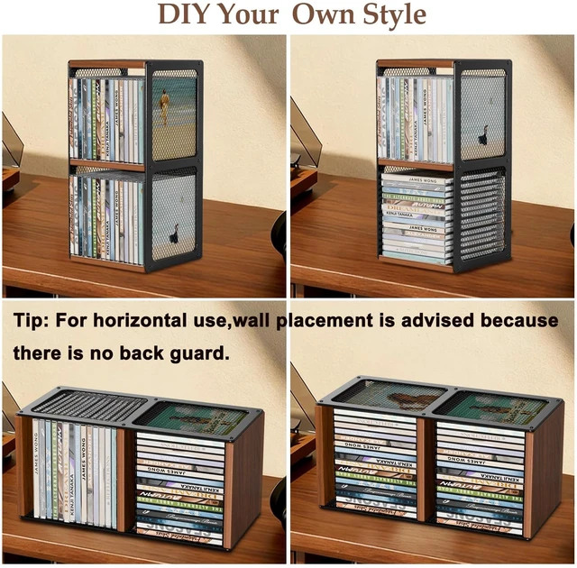Alt view image 3 of 7 - 2-Tier CD Storage Holder,Stackable CD Rack Organizer,Hold 32 Cases Wood CD Display Shelf Tower,Retro CD Cube for Cassette,Tape,CDs in Home Office,Music Lovers