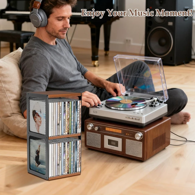 Alt view image 5 of 7 - 2-Tier CD Storage Holder,Stackable CD Rack Organizer,Hold 32 Cases Wood CD Display Shelf Tower,Retro CD Cube for Cassette,Tape,CDs in Home Office,Music Lovers