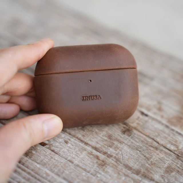 Alt view image 2 of 7 - Handcrafted Crazy Horse Unique Leather Case for AirPods Pro 3rd Gen (2025), Vintage Aesthetic, Two-Tone Effect,Compatible with MagSafe, Compatible with Airpods Pro 3 Darkbrown