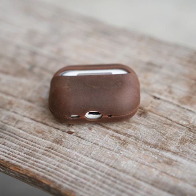 Alt view image 7 of 7 - Handcrafted Crazy Horse Unique Leather Case for AirPods Pro 3rd Gen (2025), Vintage Aesthetic, Two-Tone Effect,Compatible with MagSafe, Compatible with Airpods Pro 3 Darkbrown