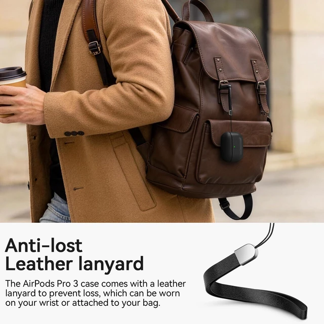 Alt view image 6 of 7 - for AirPod Pro 3 Case, Geniune Leather Case, Compatible with AirPods Pro 3rd Generation Case (2025), AirPods Pro 3 case Leather Protective Cover with Lanyard & Cleaner Kit, Black