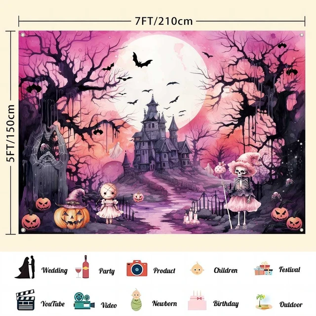 Alt view image 2 of 7 - 7x5ft Pink Halloween Backdrop Banner Pink and Black Halloween Witch Birthday Party Decorations Girls Night Spooky Haunted House Ghost Boo Photography Background Wall Decor