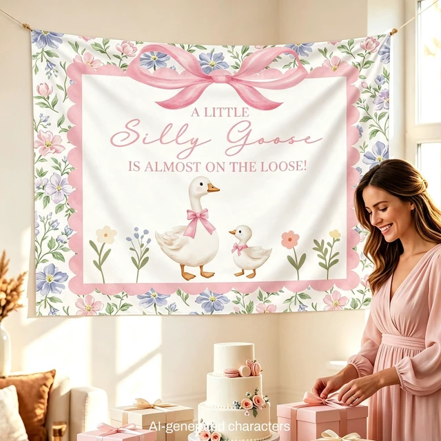 Alt view image 6 of 7 - Floral Silly Goose Baby Shower Decor Girl Pink Silly Goose Backdrop Sign
