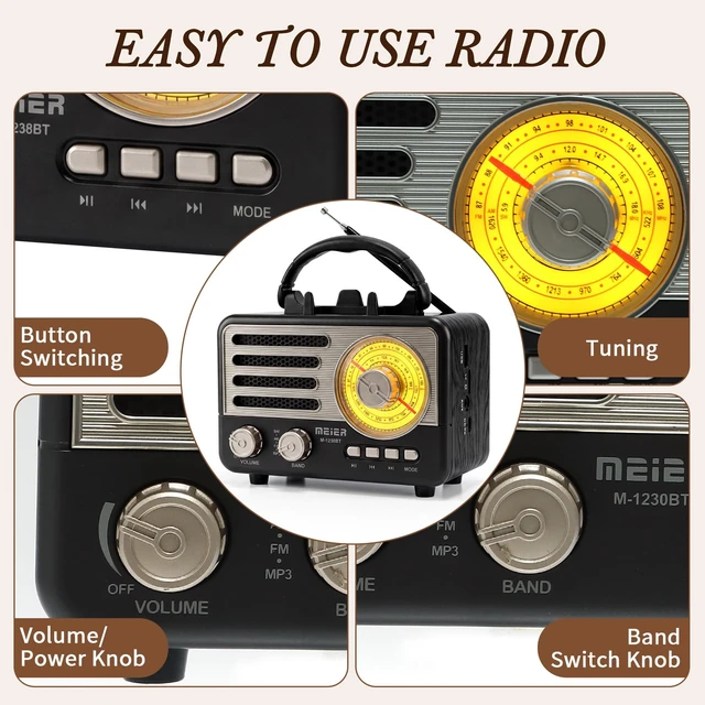 Alt view image 7 of 7 - Radio Portable AM FM SW Bluetooth Speaker Vintage Radios with Phone Stand Small Retro Radio Battery Powered for Vintage Decor Birthday Gifts for Women,Men,Dad (Black)
