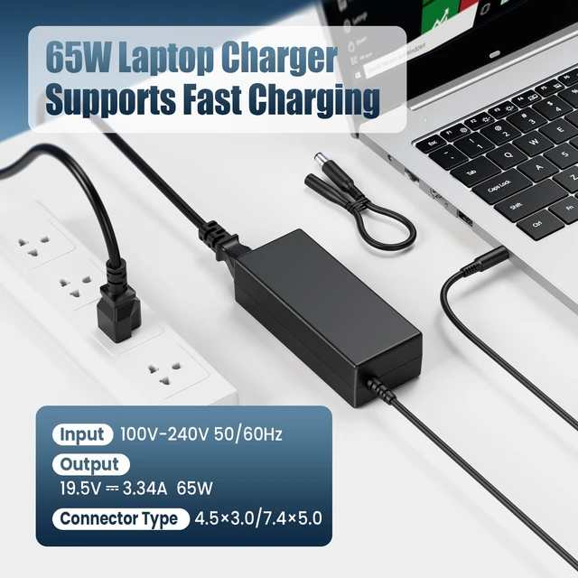 Alt view image 3 of 7 - 65W Laptop Charger for Dell Inspiron 15 14 13 11 17 3000 5000 7000 Latitude - Dual Tip 4.5mm and 7.4mm Included - 19.5V 3.34A Power Supply Cord
