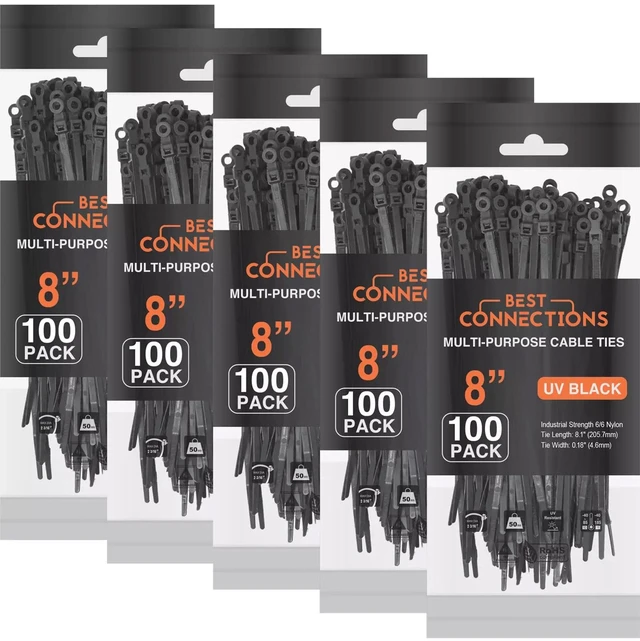 Main image of Black Cable Ties 500 Pack Cable Zip Ties 8 Inch with Screw Down Hole for Mounting- Strong Nylon Wire Ties with 50 Lbs Tensile Strength Cable Management Ties for Outdoor & Indoor