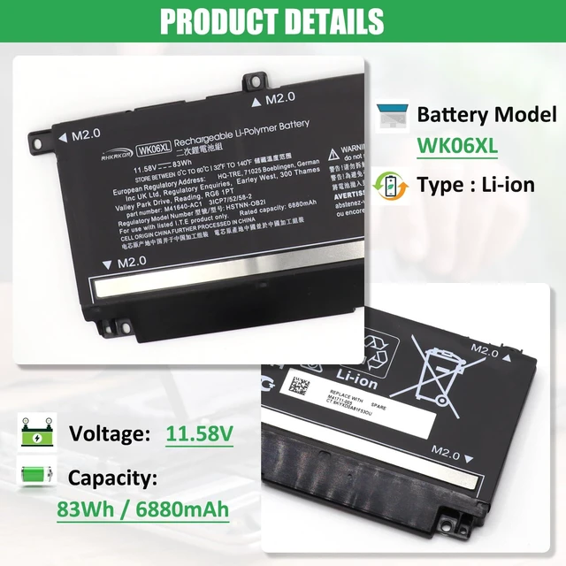 Alt view image 2 of 7 - WK06XL Battery Replacement for HP Omen 16-b0xxx 16-b0000TX 16-B0047TX 16-C0xxx 16-C0167AX Omen 7 Plus 17-ck0xxx 17-CK0007NV 17T-CK100, M41640-AC1 M41640-CD1 M41711-005 11.58V 83Wh