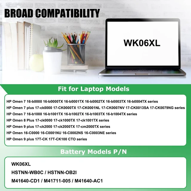 Alt view image 3 of 7 - WK06XL Battery Replacement for HP Omen 16-b0xxx 16-b0000TX 16-B0047TX 16-C0xxx 16-C0167AX Omen 7 Plus 17-ck0xxx 17-CK0007NV 17T-CK100, M41640-AC1 M41640-CD1 M41711-005 11.58V 83Wh